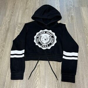 True Religion Collegiate Crest Cropped Hoodie Black Pullover XS Drawstring